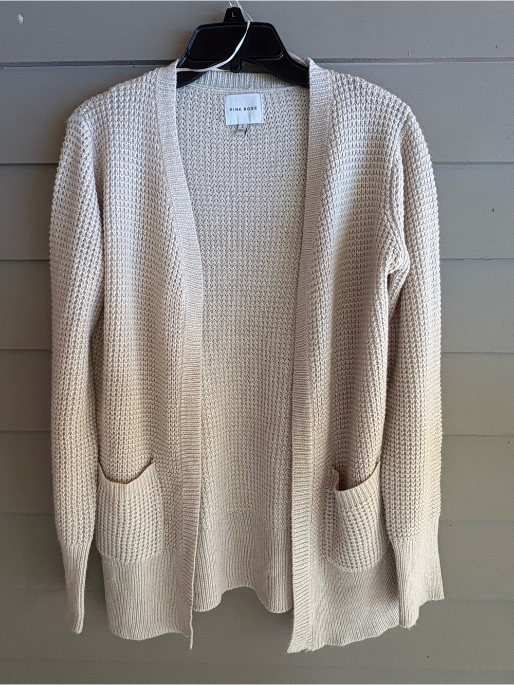 Cottagecore Pink Rose Cream Waffle Knit Open Cardigan Sweater Large neutral chic